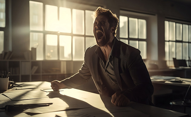 Business man screaming at his desk, backlit by the sun