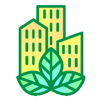 icon of leaves in front of tall buildings