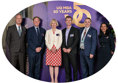 UQ Faculty with MBA Graduates in front of UQ MBA 50 years banner