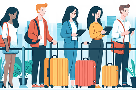 people lining up at airport with baggage