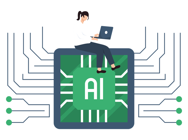 Woman with laptop sitting on AI graphic