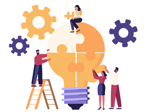 Graphic of people putting together lightbulb puzzle pieces