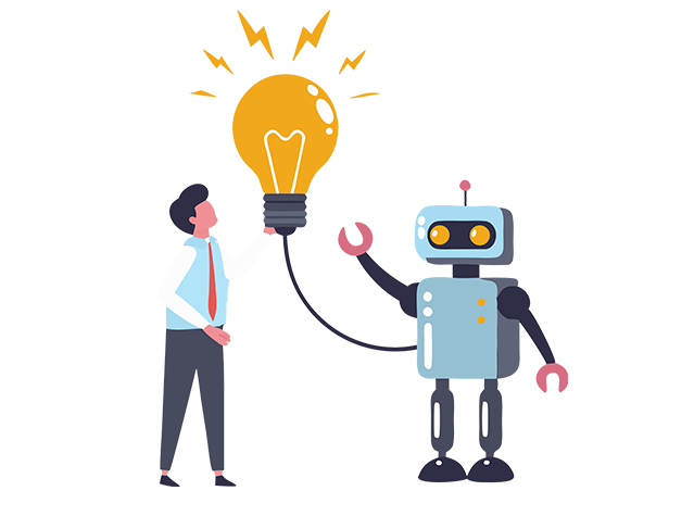 A person with a robot connected to a lightbulb