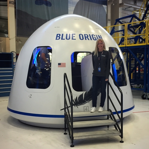 UQ Alumni Megan Harrington with the Blue Origin space craft. 