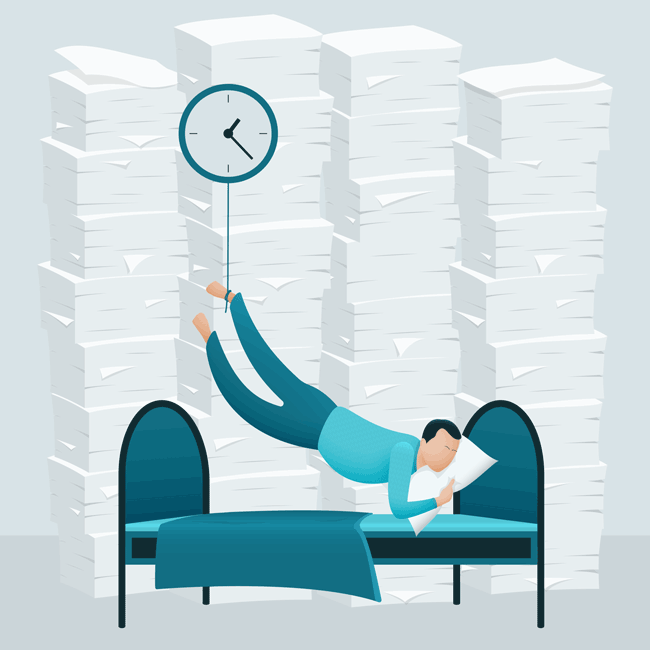 illustration of person sleeping tied to clock with tall columns of paperwork in background