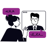 Two figures talking with purple speech bubbles 