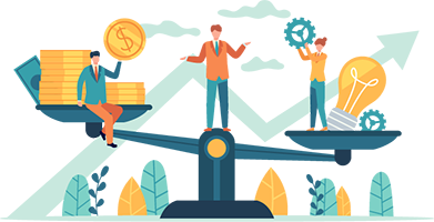 Vector art of people on a scale balancing money and ideas.