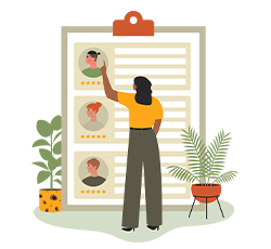 Vector art of a woman selecting people's profiles from a giant clipboard.