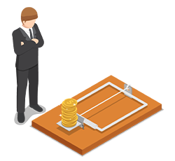 Vector art of  a  business man looking at a giant mousetrap baited with coins.