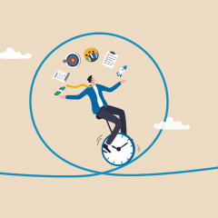 Illustration of man juggling business trends 