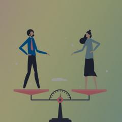 Illustration of male and female office workers on balance scales.