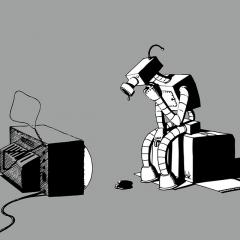Illustration of sad robot watching tv