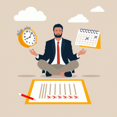 illustration concept of business man in suit sitting cross-legged with clock and checklist