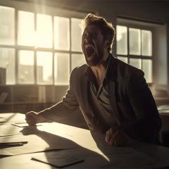 Business man screaming at his desk, backlit by the sun