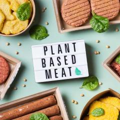 Variety of plant based meat, food to reduce carbon footprint.
