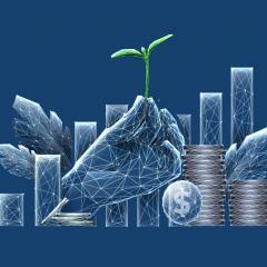 A geometric graphic of a hand holding a leaf, in front of a graph and coins