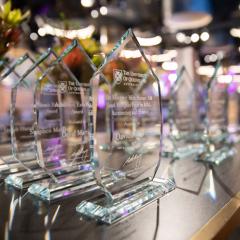 Glass trophies are set up on a table in front of flowers