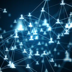 Gradient of blue background with light blue people interconnected with a network