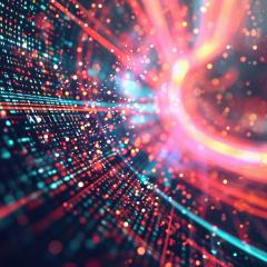 An abstract representation of digital transformation, where virtual data flows and AI elements converge to create a transformative user experience.