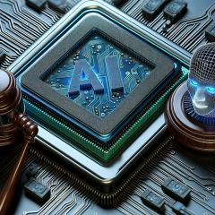 Gavel and digital judge on circuitry board with AI chip