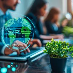 Business people in the office. Digital concept of a globe with ESG printed on.