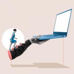 figure walking up hand towards laptop 