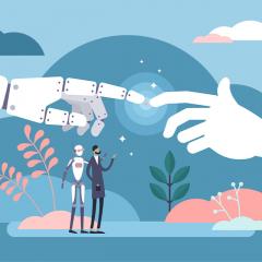 Illustration of robot and person communicating