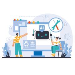 Illustration of 2 people looking at a smiling artificial intelligence robot head