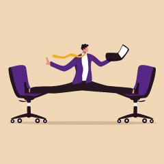 illustration of a suited man doing the splits between office chairs
