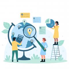 Cartoon graphic with a globe, magnifying glass, a ladder and people