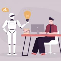 Vector art of robot giving idea to a human office worker. 