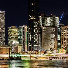 Night view of Brisbane city with 2032 in lights